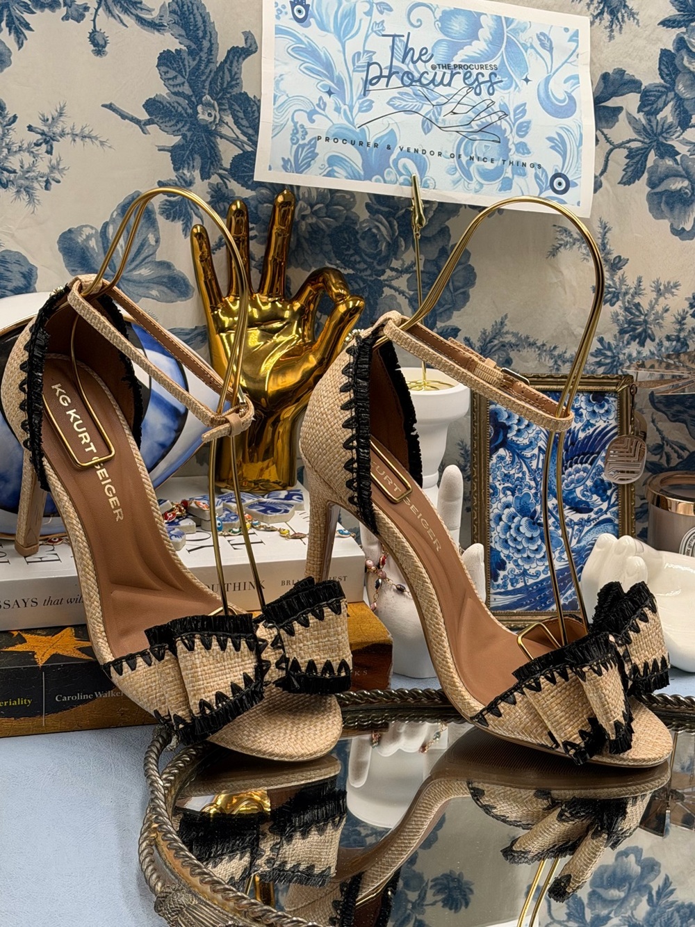 🆕 KG KURT GEIGER 🧿 NWOB Robbie Bow-Embellished Raffia High Heel, Sz 37 US 7 - Picture 3 of 15